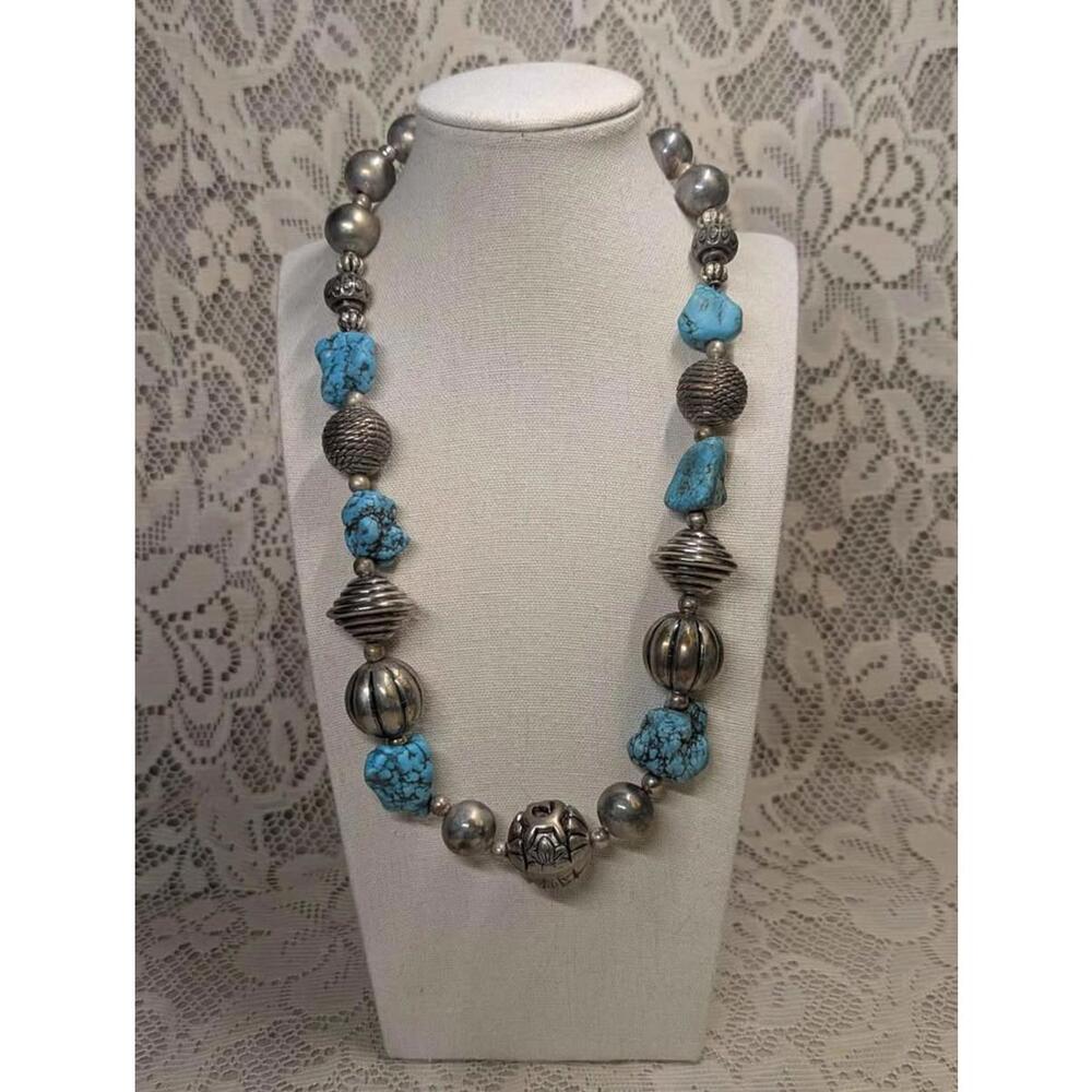 Vtg Chunky Blue & Silver Ornate Necklace | 23" Silver Bead & Turquoise-Inspired